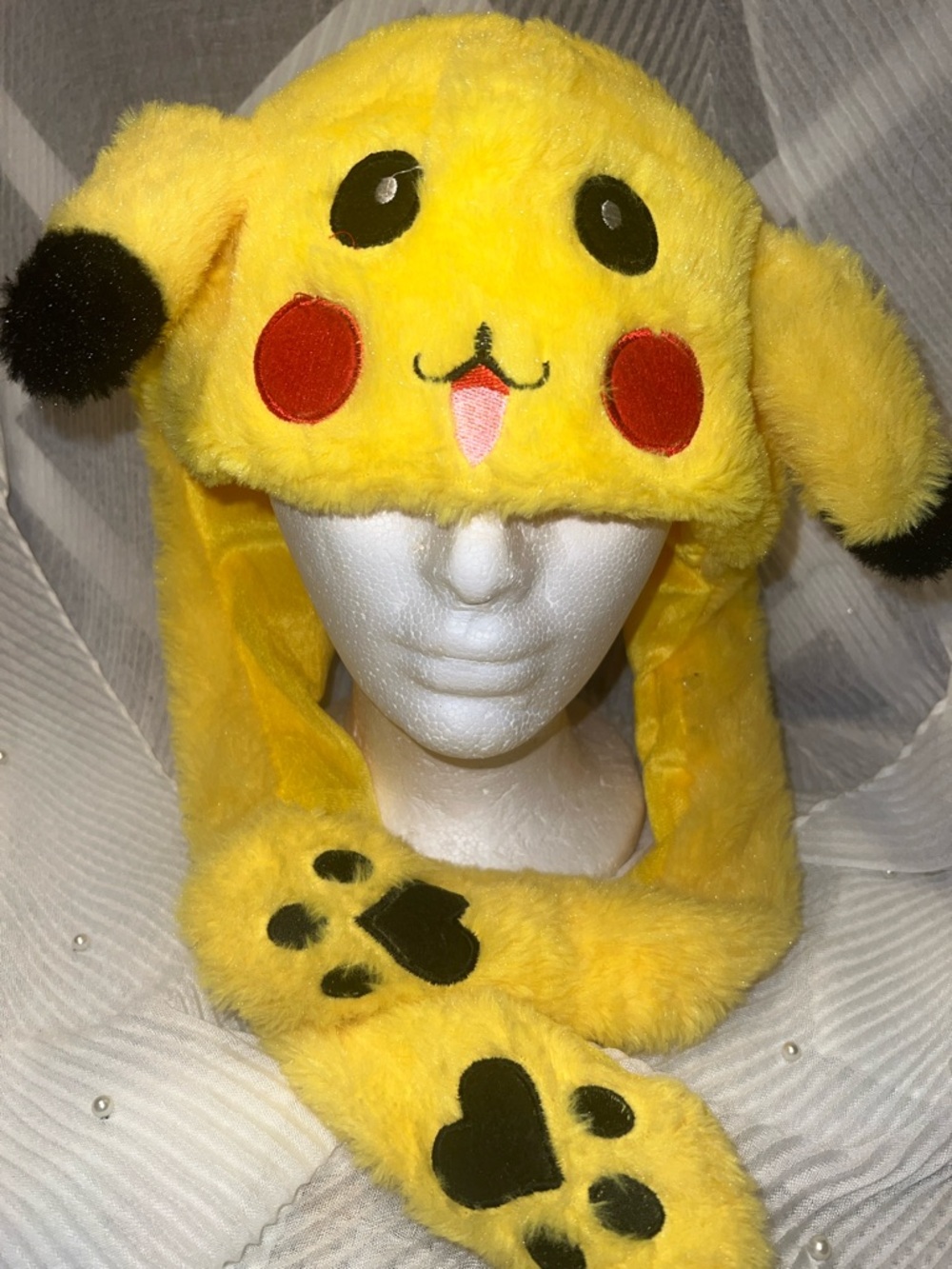 Pikachu Yellow Plush Character Hat with Paw Mittens - Kids Toys